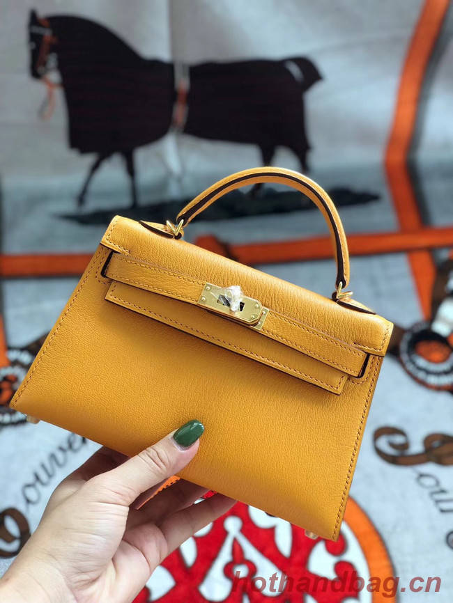 Hermes original mini Kelly chevre mysore K19CM Mango yellow&Gold Metal