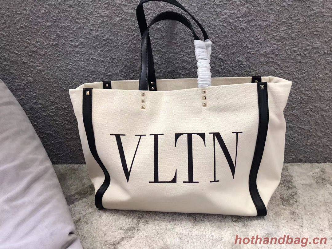 VALENTINO Rockstud Canvas Shopping Bag V0978 Wihte&Black