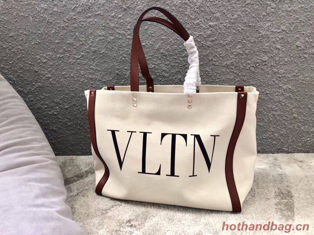 VALENTINO Rockstud Canvas Shopping Bag V0978 Wihte&Wine