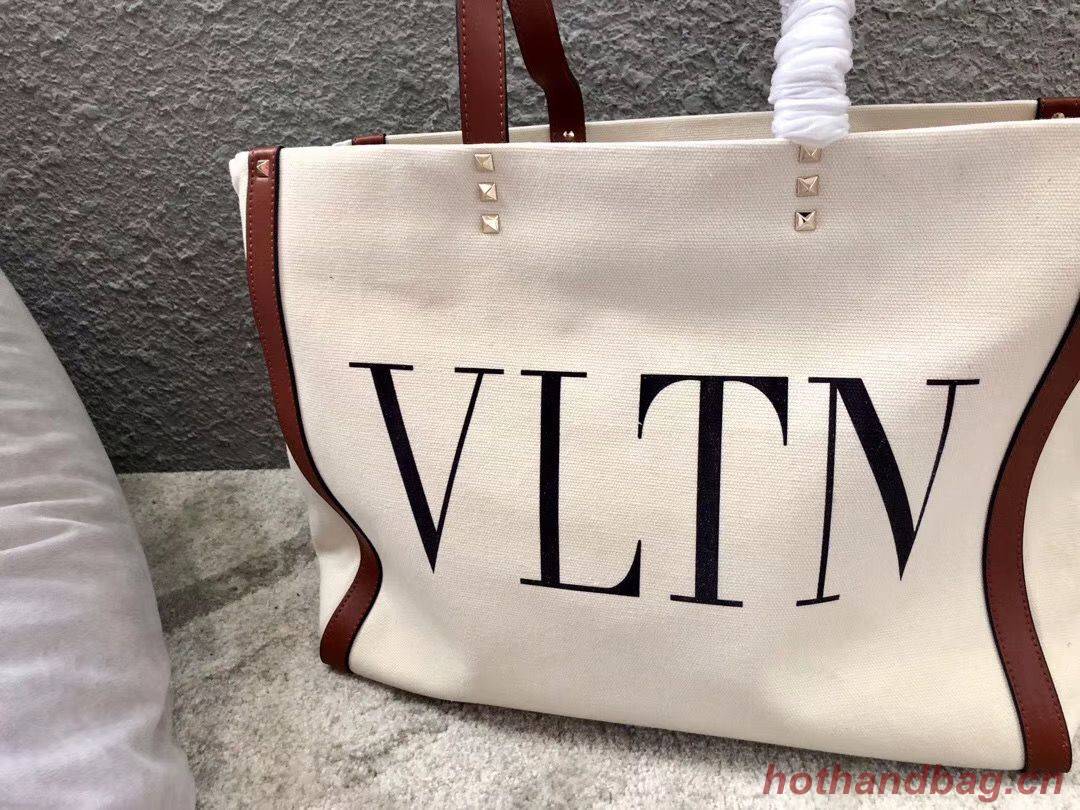 VALENTINO Rockstud Canvas Shopping Bag V0978 Wihte&Wine