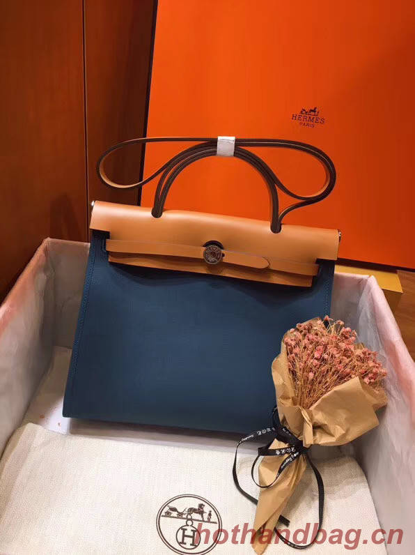 Hermes Herbag 31CM Original Canvas Leather & Calfskin 45987 Blue&Apricot