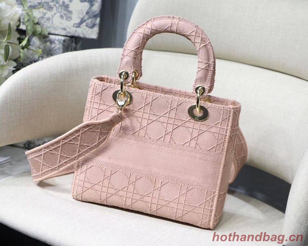 LADY DIOR TOTE BAG IN EMBROIDERED CANVAS C4532 pink Gold Hardware