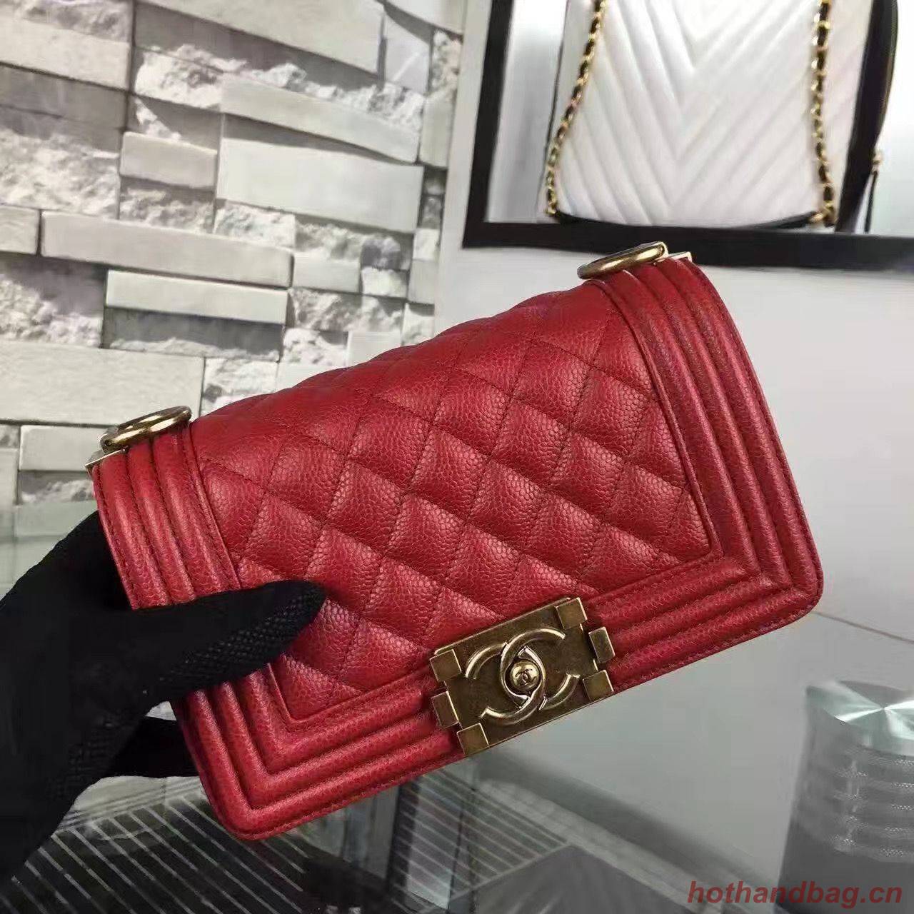 Chanel Le Boy Flap Shoulder Bag Original Cavier Leather A67085 Red Gold Buckle