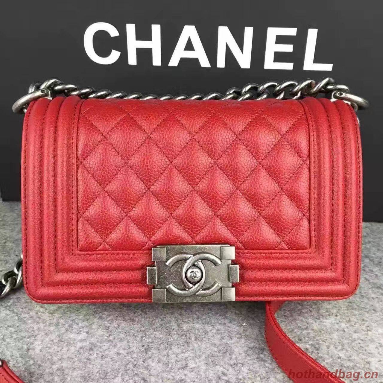 Chanel Le Boy Flap Shoulder Bag Original Cavier Leather A67085 Red Silver Buckle