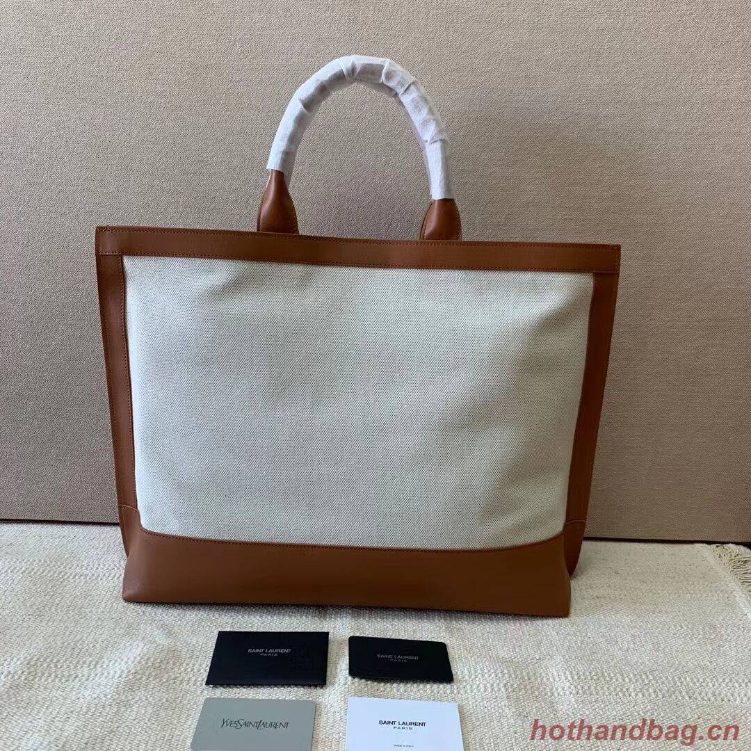 Yves Saint Laurent SHOPPING TAG IN CANVAS AND LEATHER Y615719 brown&white