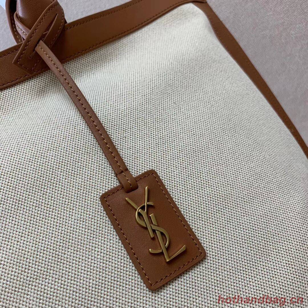 Yves Saint Laurent SHOPPING TAG IN CANVAS AND LEATHER Y615719 brown&white