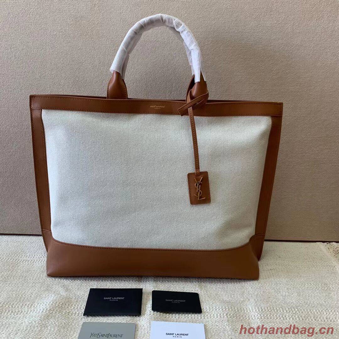 Yves Saint Laurent SHOPPING TAG IN CANVAS AND LEATHER Y615719 brown&white