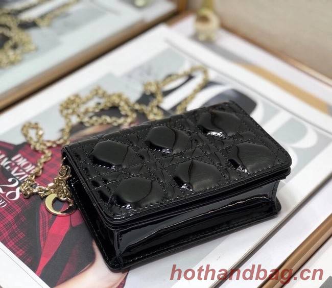 LADY DIOR 5-GUSSET CARD HOLDER WITH CHAIN Patent Cannage Calfskin S0859 black