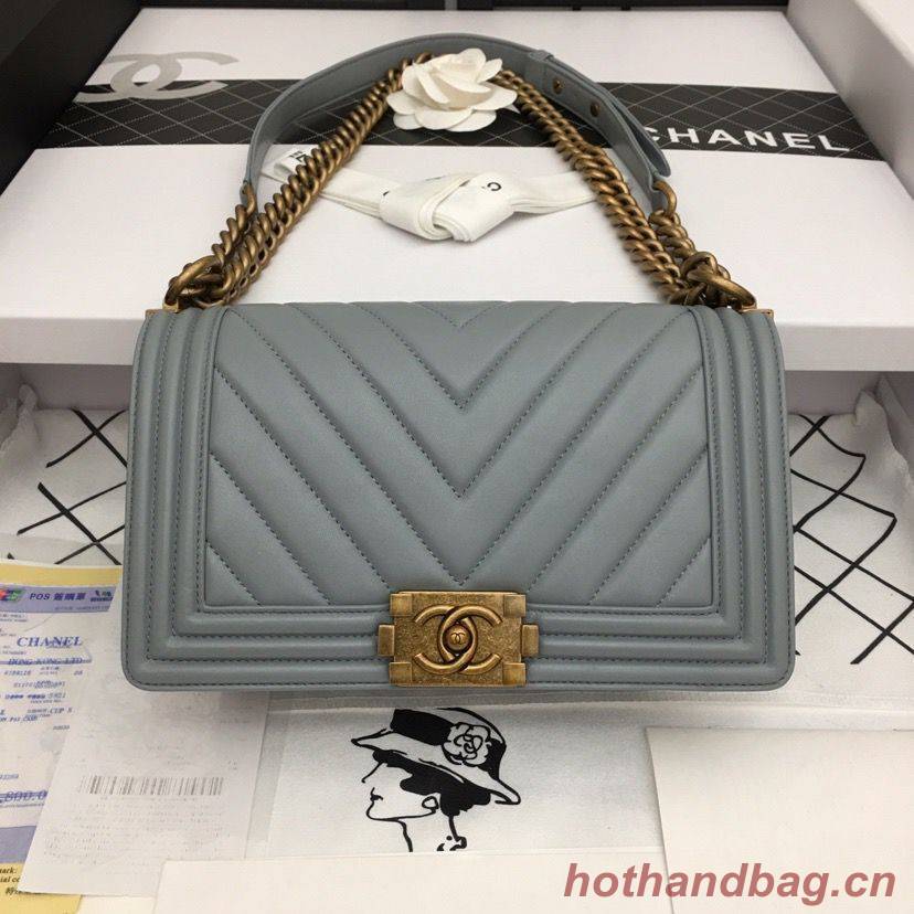 Boy Chanel Flap Bag Original Chevron Leather Gray A67086V Bronze Buckle