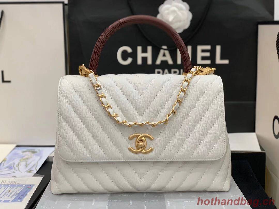 Chanel flap bag with red top handle V92991 white