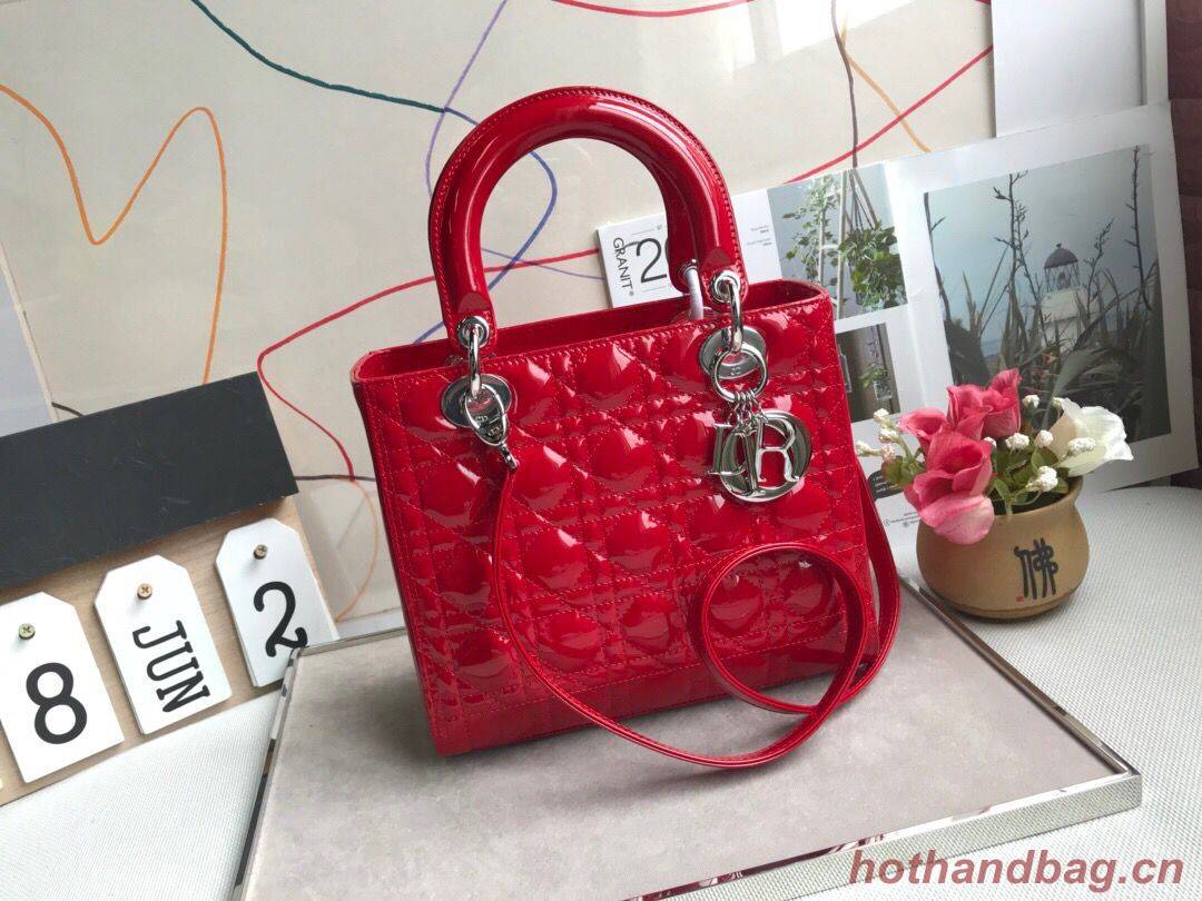 LADY DIOR MY ABCDIOR Patent Leather Bag Red M05389 Silver