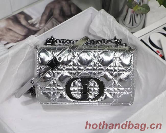 SMALL DIOR CARO BAG Silver-Tone Dior Spatial Crinkled Metallic Calfskin M9241B