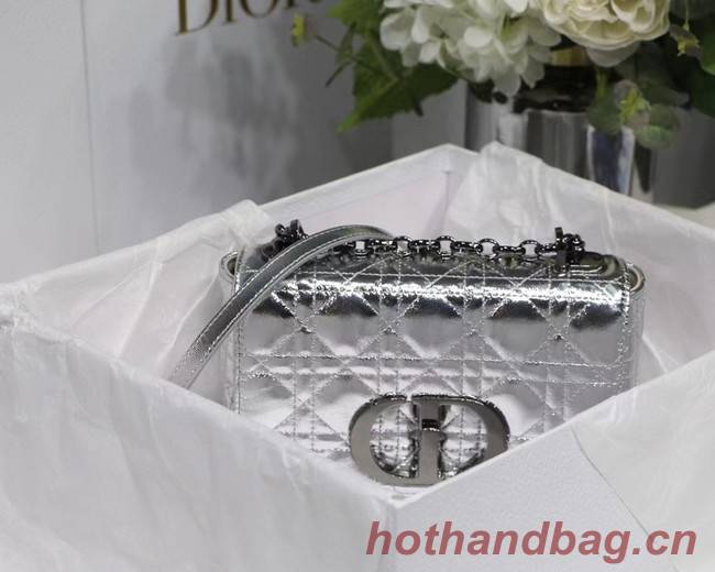 SMALL DIOR CARO BAG Silver-Tone Dior Spatial Crinkled Metallic Calfskin M9241B