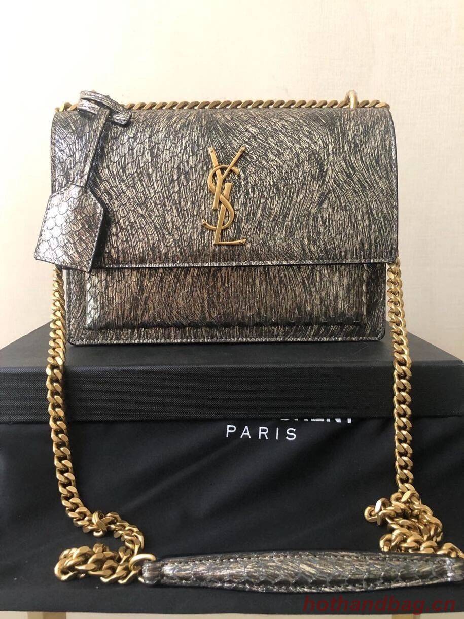 Yves Saint Laurent SUNSET SMALL CHAIN BAG IN SHINY SCALE-EMBOSSED LEATHER Y544296 grey