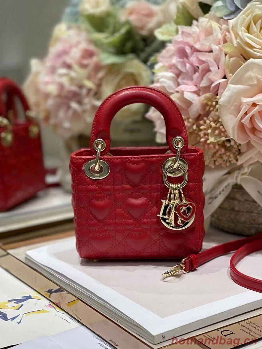 MICRO DIORAMOUR LADY DIOR BAG Bright Red Cannage Lambskin with Heart Motif S0856ON