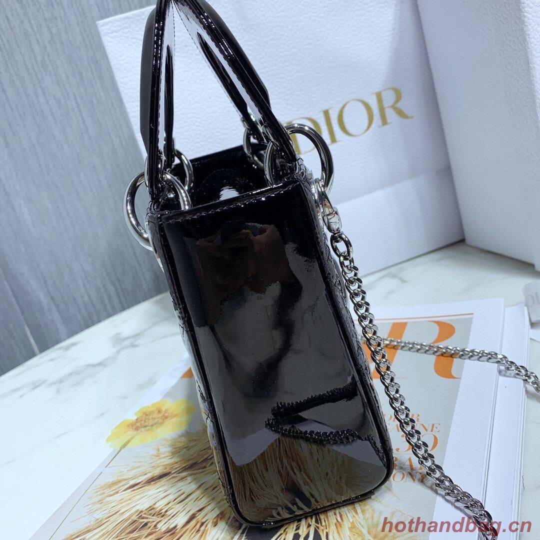 MINI LADY DIOR BAG Black Patent Cannage Calfskin M0566OW Silver Hardware