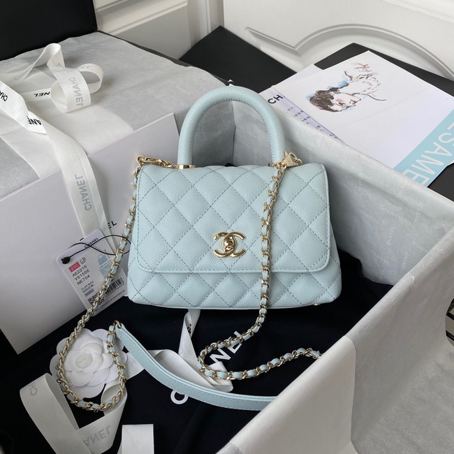 Chanel flap bag with top handle Grained Calfskin gold-Tone Metal AS2215 light blue