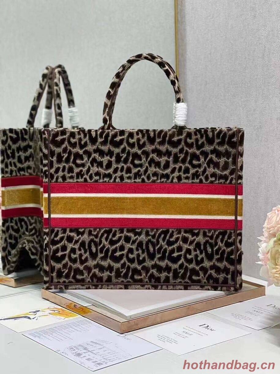 DIOR BOOK TOTE Embroidery  C1286-1 Brown Leopard Print