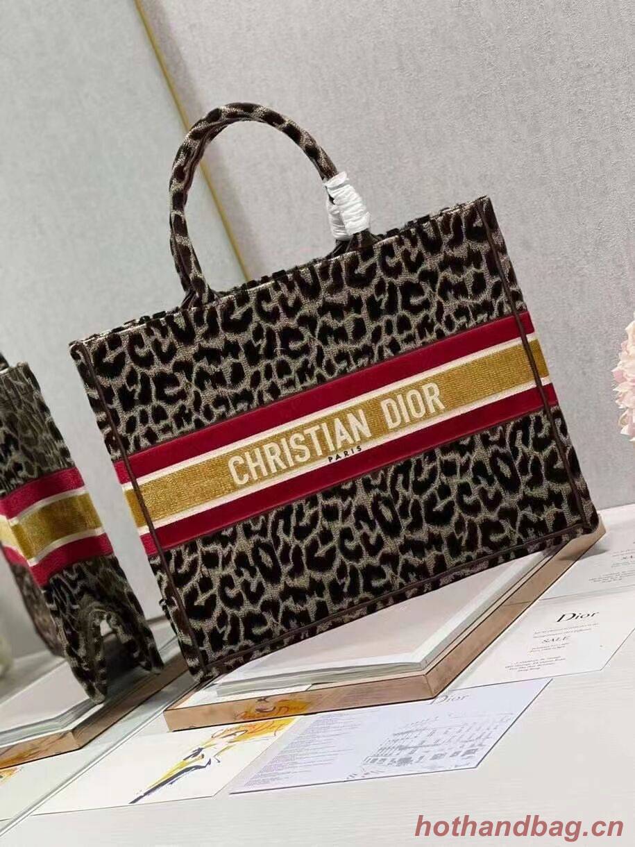 DIOR BOOK TOTE Embroidery  C1286-1 Brown Leopard Print