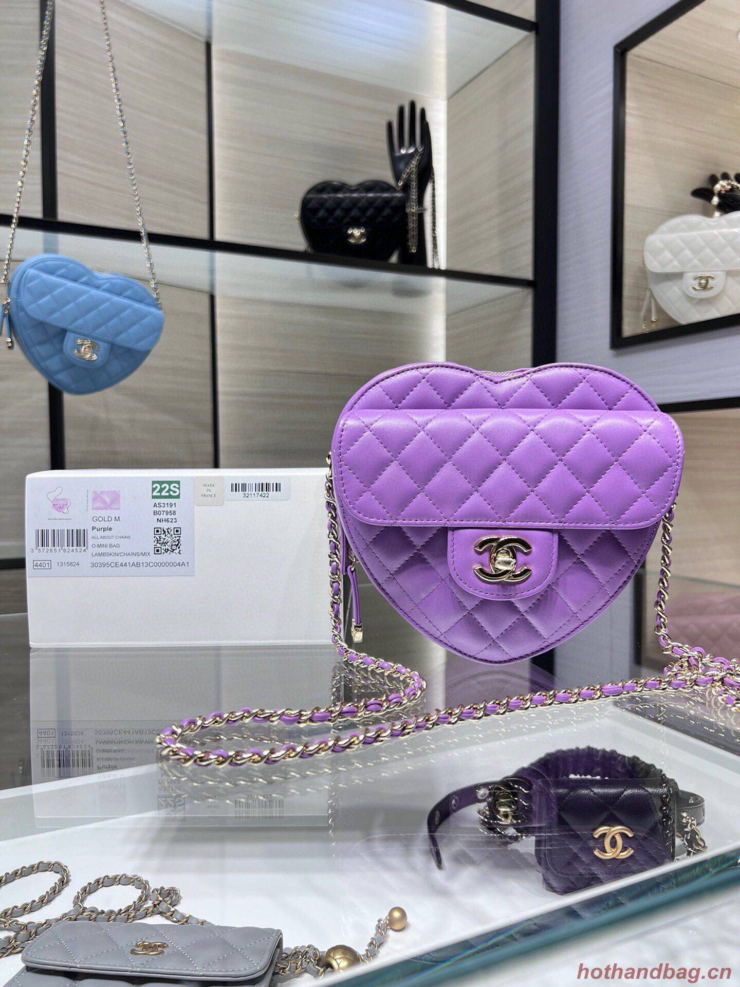 Chanel 2022S Love Heart Original Lambskin Crossbody Chain Bag AS3191Y Purple