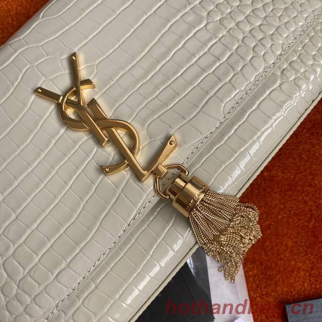 Yves Saint Laurent KATE CHAIN WALLET WITH TASSEL IN CROCODILE-EMBOSSED SHINY LEATHER 452159 WHITE