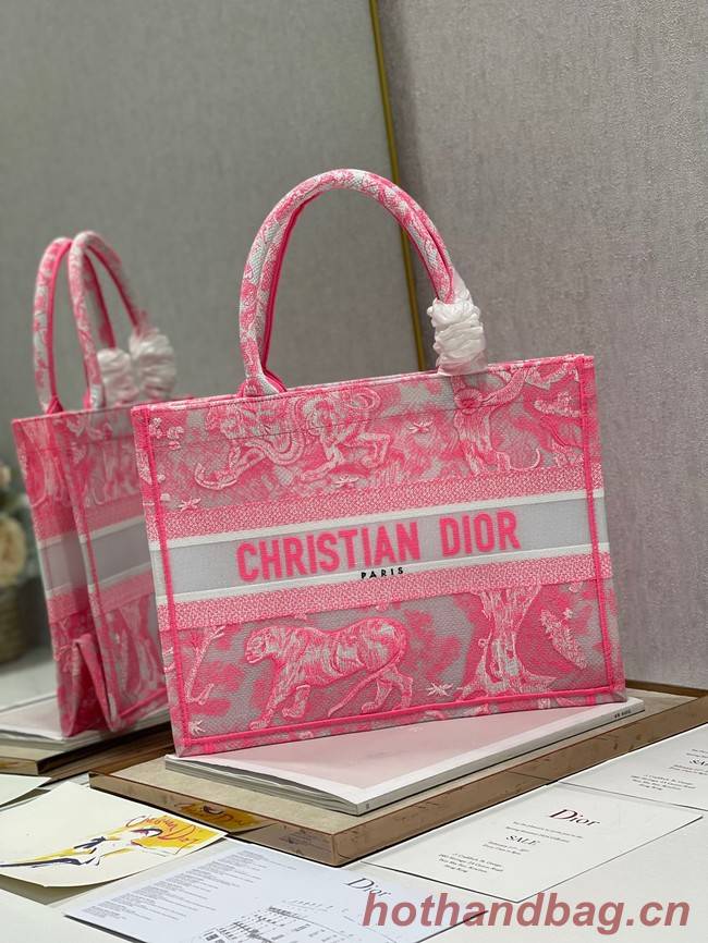 MEDIUM DIOR BOOK TOTE Fluorescent Pink Toile de Jouy Reverse Embroidery M1296ZROC