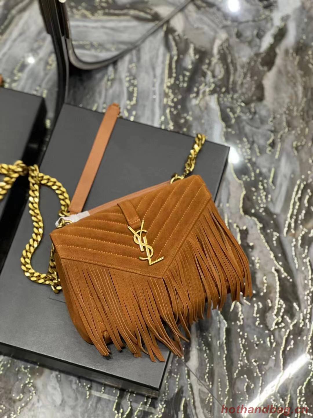 SAINT LAURENT COLLEGE MEDIUM CHAIN BAG IN LIGHT SUEDE WITH FRINGES 5317050 CINNAMON