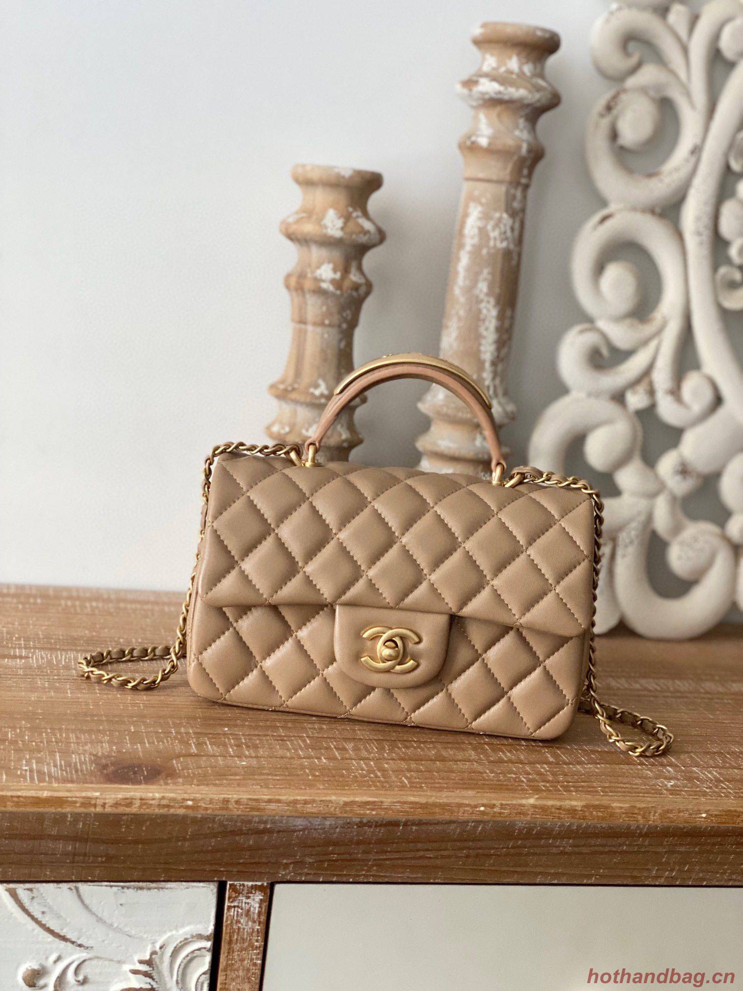 CHANEL 22B  mini flap bag with Gold hardware top handle AS2431 Khaki