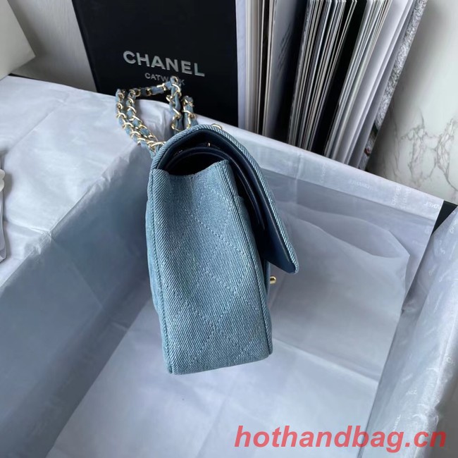 CHANEL CLASSIC HANDBAG Printed Denim & Gold-Tone Metal 1112 Light Blue