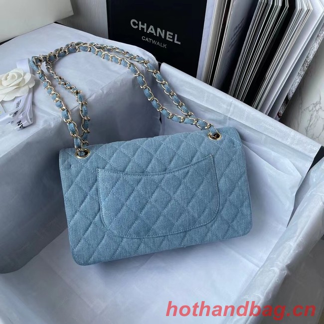 CHANEL CLASSIC HANDBAG Printed Denim & Gold-Tone Metal 1112 Light Blue