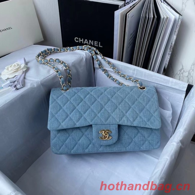 CHANEL CLASSIC HANDBAG Printed Denim & Gold-Tone Metal 1112 Light Blue