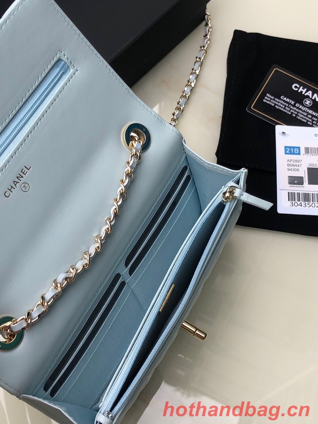 CHANEL WALLET ON CHAIN Lambskin & light Gold-Tone Metal 80892 light blue