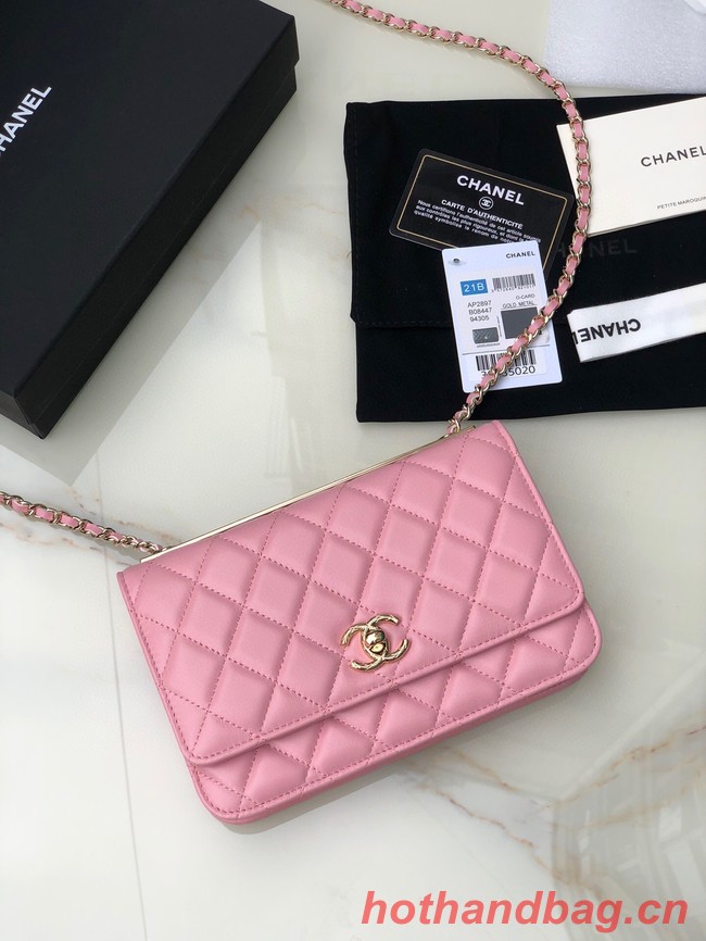 CHANEL WALLET ON CHAIN Lambskin & light Gold-Tone Metal 80892 pink