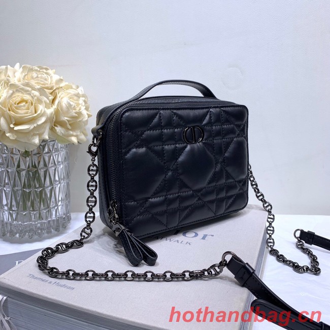 DIOR CARO BOX BAG WITH CHAIN Black Quilted Macrocannage Calfskin S5140B