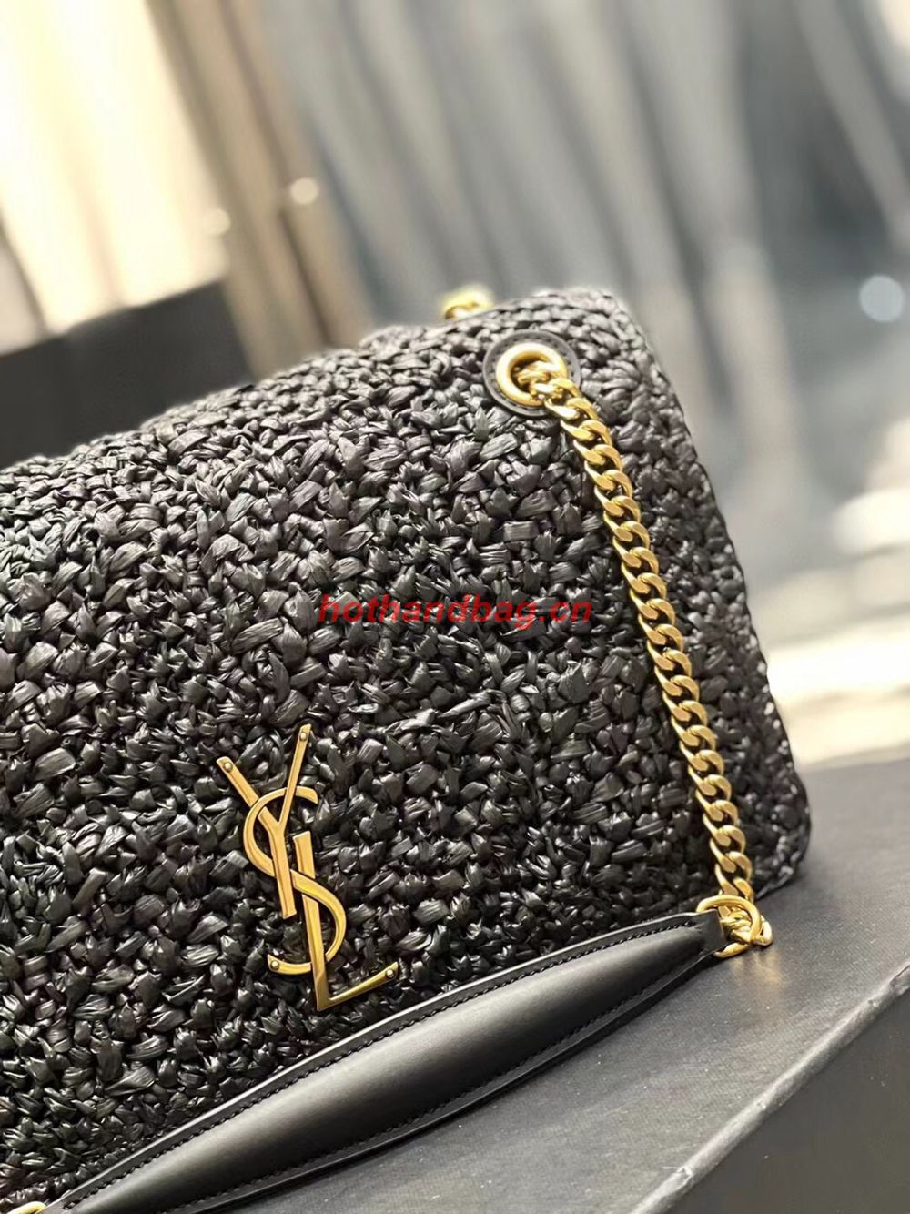 SAINT LAURENT JAMIE MEDIUM CHAIN BAG CARRE RIVE GAUCHE IN CROCHET RAFFIA AND SMOOTH LEATHER 515821 BLACK