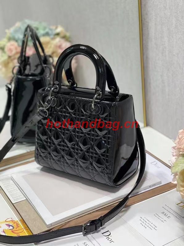 MEDIUM LADY DIOR BAG Black Patent Cannage Calfskin M0565OW Black-Tone