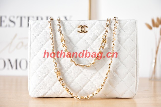 CHANEL Grained Calfskin & Gold-Tone Metal SHOPPING BAG AS3583 white