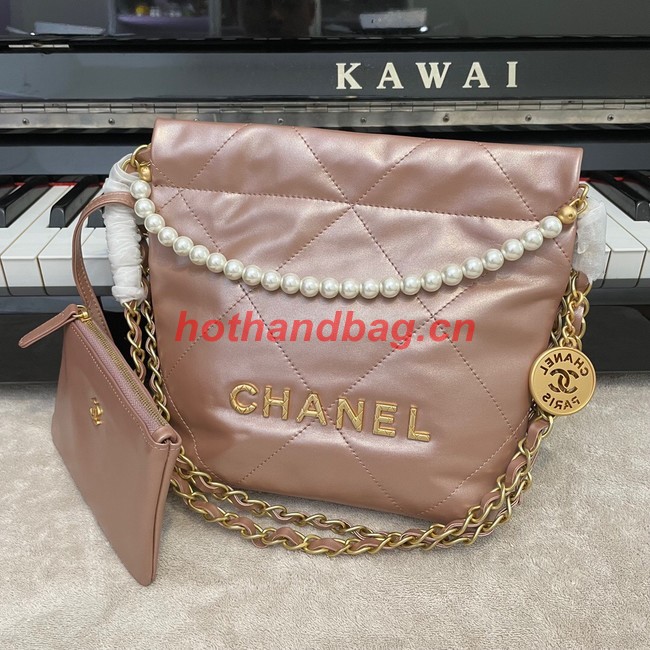 CHANEL MINI 22 HANDBAG Metallic Calfskin & gold Metal AS3989 pink