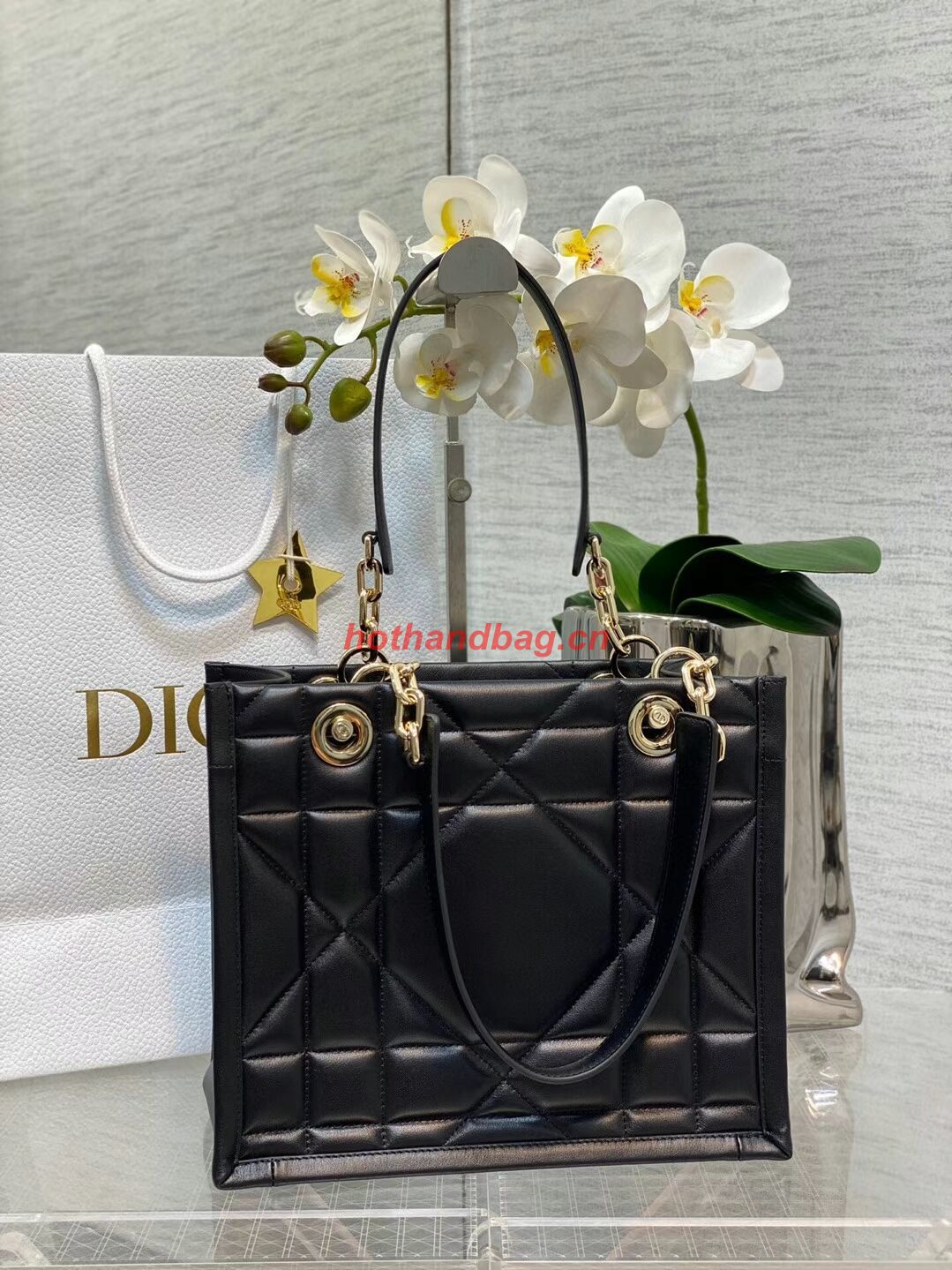 SMALL DIOR ESSENTIAL TOTE BAG Hazelnut Archicannage Calfskin M87211 BLACK