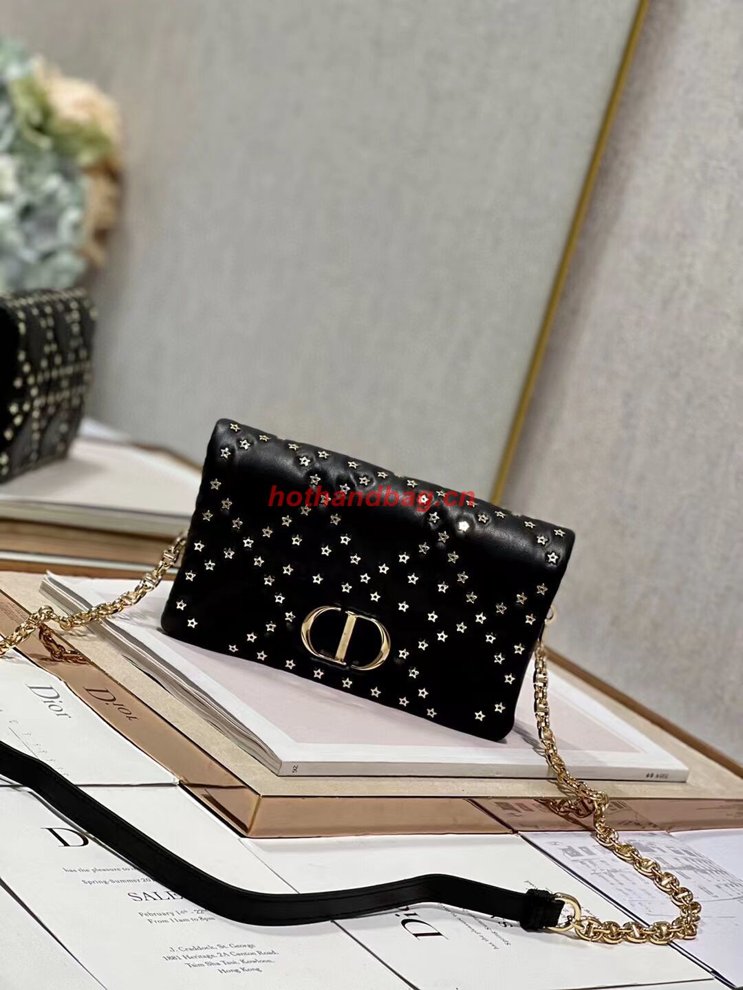 DIOR CARO MACROCANNAGE POUCH Macrocannage Calfskin with Star Motif S5135UNH black&gold