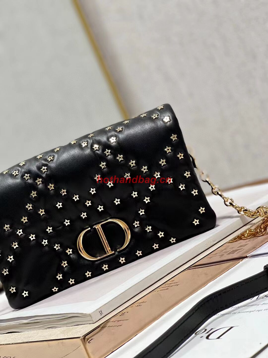 DIOR CARO MACROCANNAGE POUCH Macrocannage Calfskin with Star Motif S5135UNH black&gold