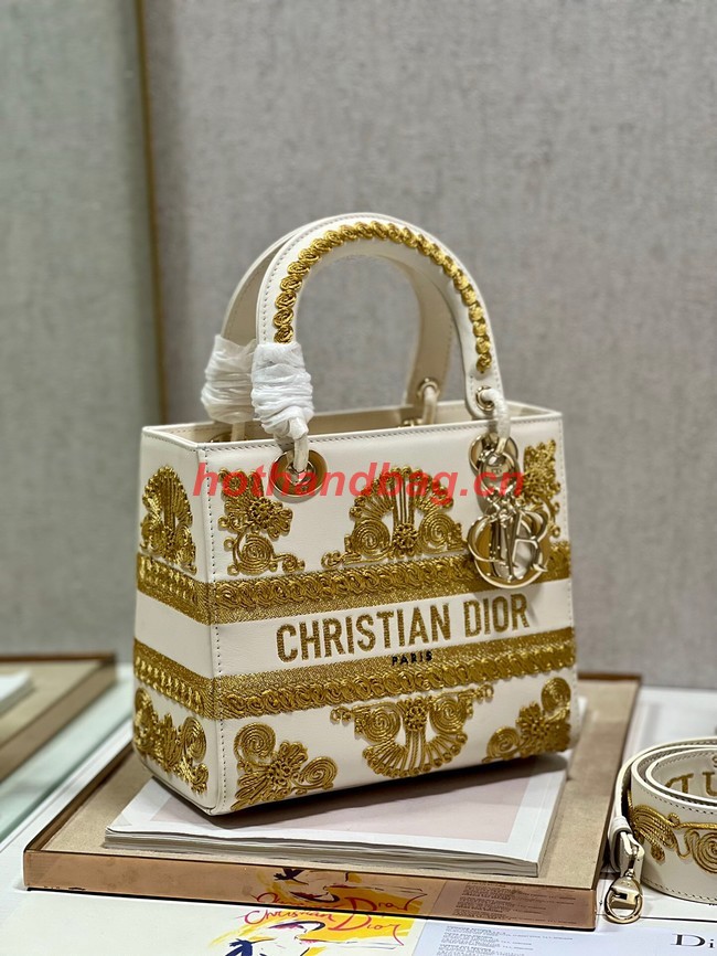 DIOR MEDIUM LADY D-LITE BAG gold and White Ornamental Cornely-Effect Embroidery M0565O