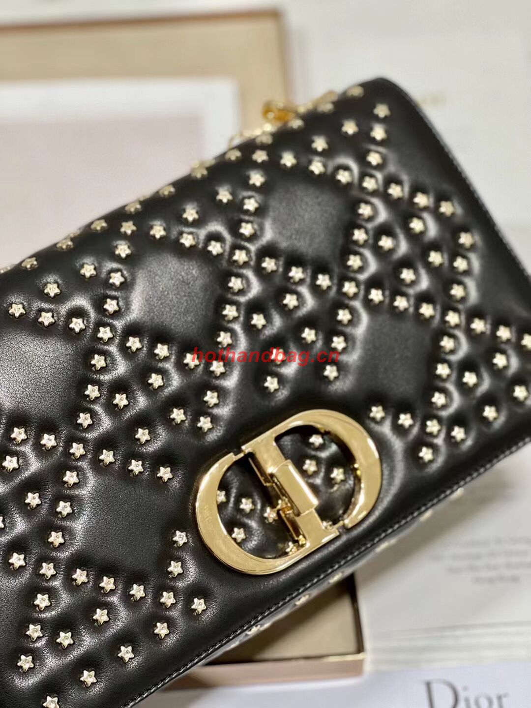 DIOR CARO MACROCANNAGE POUCH Macrocannage Calfskin with Star Motif C3136 black&gold