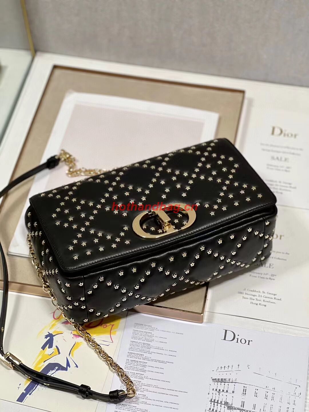 DIOR CARO MACROCANNAGE POUCH Macrocannage Calfskin with Star Motif C3136 black&gold