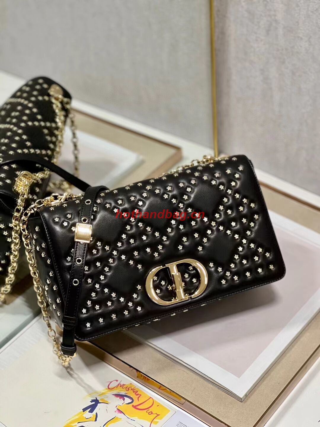 DIOR CARO MACROCANNAGE POUCH Macrocannage Calfskin with Star Motif C3136 black&gold