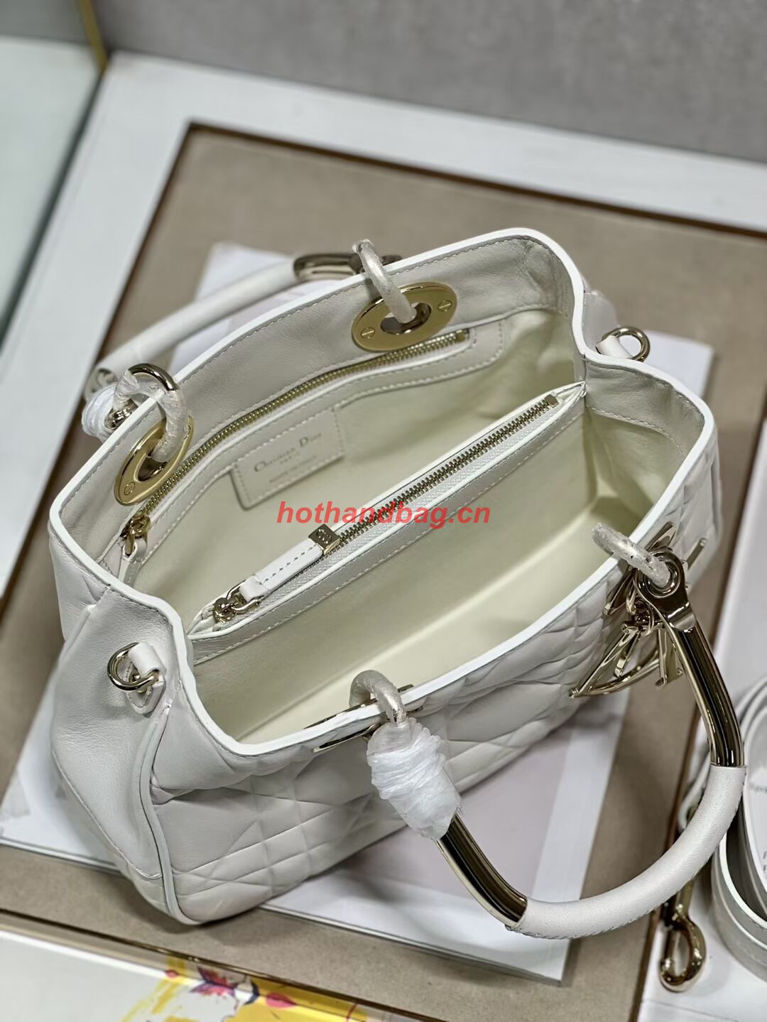 LADY DIOR TOP HANDLE MEDIUM BAG Latte Cannage Lambskin C9227 WHITE&GOLD