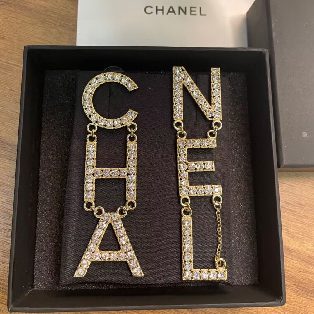 Chanel Crystal Leather Logo Statement Dangle Earrings CE50312 Gold