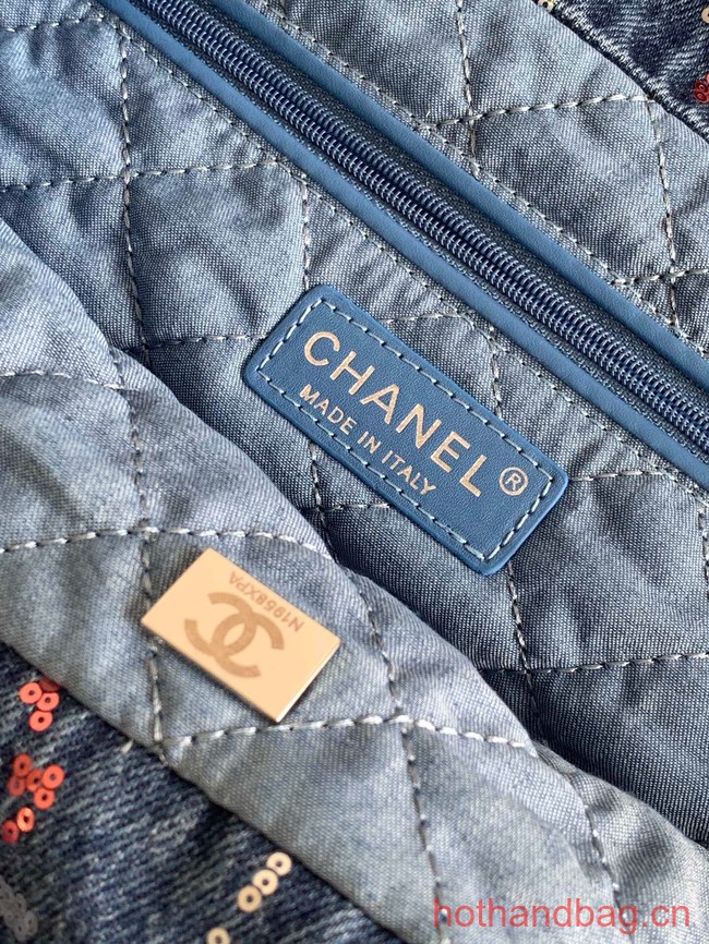 CHANEL 22 Shopping Bag Denim & Silver-Tone Metal AS3260 Blue