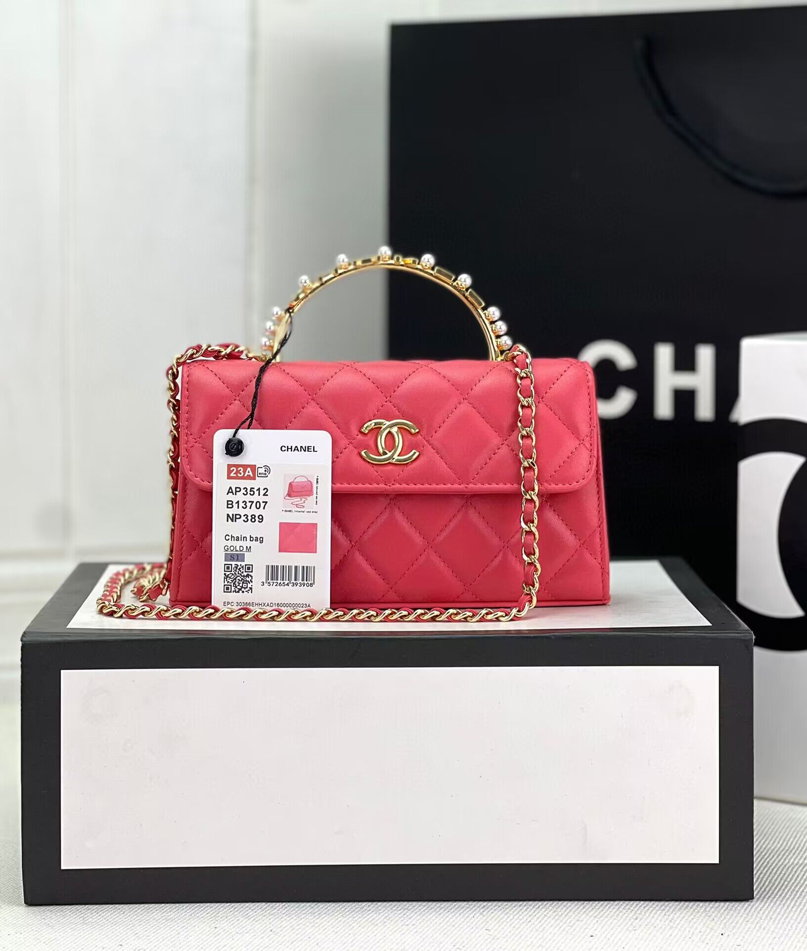 CHANEL 22B Kelly Pearl Top Handle Bag AP3562 Pink