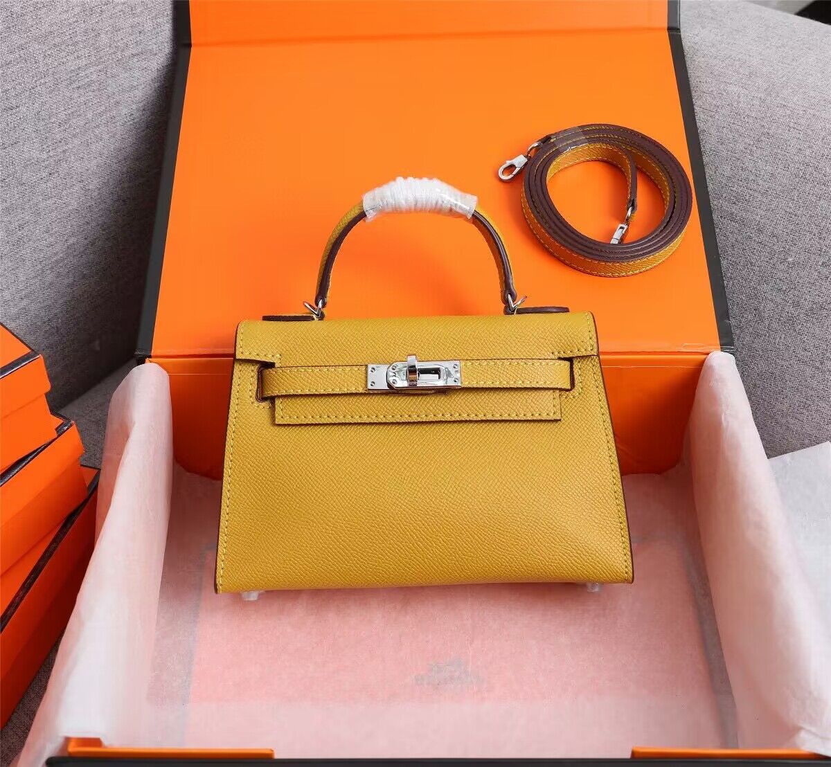 Hermes Kelly 25cm Shoulder Bags Original Epsom Leather KL2755 Yellow&Silver